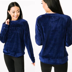 Zyia Active Navy Blue Velvet Velour Spellout Sweatshirt Top Size Small